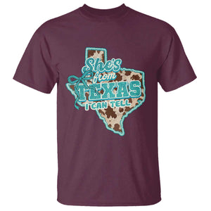 Retro Western She is From Texas I Can Tell T Shirt Trendy Turquoise Glitter Coquette and Cow Print Effect Graphic