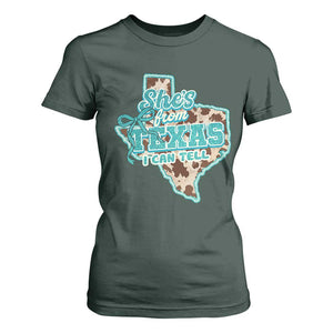 Retro Western She is From Texas I Can Tell T Shirt For Women Trendy Turquoise Glitter Coquette and Cow Print Effect Graphic