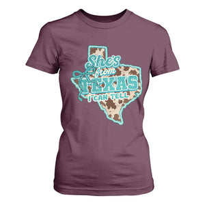 Retro Western She is From Texas I Can Tell T Shirt For Women Trendy Turquoise Glitter Coquette and Cow Print Effect Graphic