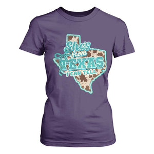 Retro Western She is From Texas I Can Tell T Shirt For Women Trendy Turquoise Glitter Coquette and Cow Print Effect Graphic