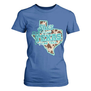 Retro Western She is From Texas I Can Tell T Shirt For Women Trendy Turquoise Glitter Coquette and Cow Print Effect Graphic