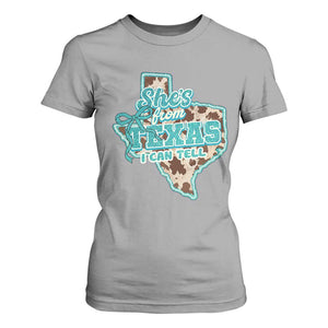 Retro Western She is From Texas I Can Tell T Shirt For Women Trendy Turquoise Glitter Coquette and Cow Print Effect Graphic