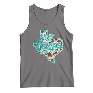 Retro Western She is From Texas I Can Tell Tank Top Trendy Turquoise Glitter Coquette and Cow Print Effect Graphic