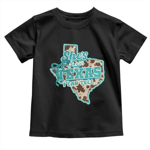 Retro Western She is From Texas I Can Tell Toddler T Shirt Trendy Turquoise Glitter Coquette and Cow Print Effect Graphic