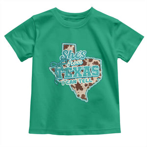 Retro Western She is From Texas I Can Tell Toddler T Shirt Trendy Turquoise Glitter Coquette and Cow Print Effect Graphic