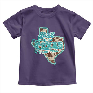 Retro Western She is From Texas I Can Tell Toddler T Shirt Trendy Turquoise Glitter Coquette and Cow Print Effect Graphic