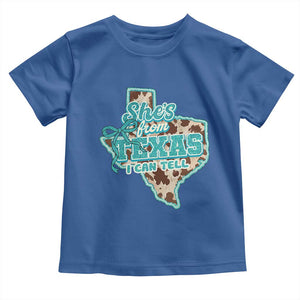 Retro Western She is From Texas I Can Tell Toddler T Shirt Trendy Turquoise Glitter Coquette and Cow Print Effect Graphic