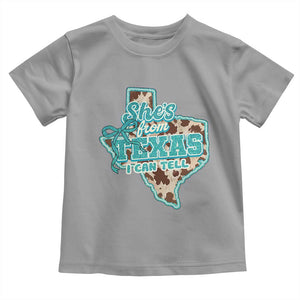 Retro Western She is From Texas I Can Tell Toddler T Shirt Trendy Turquoise Glitter Coquette and Cow Print Effect Graphic
