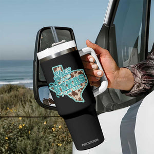 Retro Western She is From Texas I Can Tell Tumbler With Handle Trendy Turquoise Glitter Coquette and Cow Print Effect Graphic