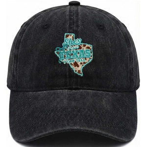 Retro Western She is From Texas I Can Tell Washed Cotton Baseball Cap Trendy Turquoise Glitter Coquette and Cow Print Effect Graphic
