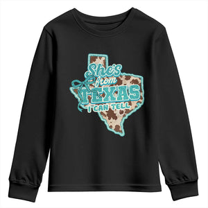 Retro Western She is From Texas I Can Tell Youth Sweatshirt Trendy Turquoise Glitter Coquette and Cow Print Effect Graphic