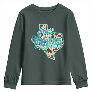 Retro Western She is From Texas I Can Tell Youth Sweatshirt Trendy Turquoise Glitter Coquette and Cow Print Effect Graphic
