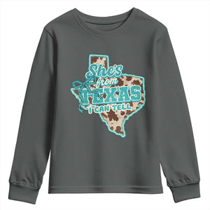 Retro Western She is From Texas I Can Tell Youth Sweatshirt Trendy Turquoise Glitter Coquette and Cow Print Effect Graphic