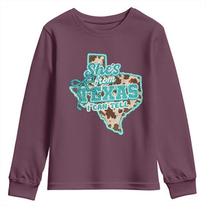 Retro Western She is From Texas I Can Tell Youth Sweatshirt Trendy Turquoise Glitter Coquette and Cow Print Effect Graphic