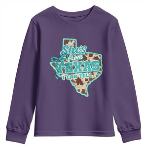 Retro Western She is From Texas I Can Tell Youth Sweatshirt Trendy Turquoise Glitter Coquette and Cow Print Effect Graphic