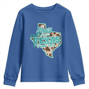 Retro Western She is From Texas I Can Tell Youth Sweatshirt Trendy Turquoise Glitter Coquette and Cow Print Effect Graphic