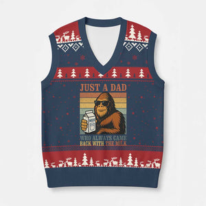 Funny Bigfoot Dad V-Neck Knit Sweater Vest Just A Dad Who Always Came Back With The Milk Retro Father's Day TS02 Navy Red Print Your Wear