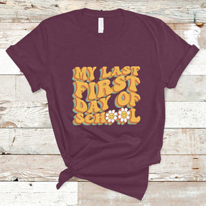 Senior 2024 T Shirt My Last First Day Of School Senior Class Of 2024 High School Groovy TS02 Maroon Printyourwear