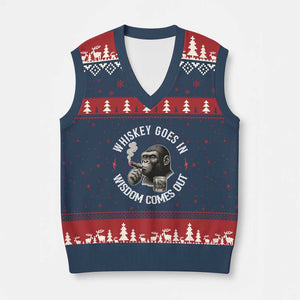 Funny Gorilla Whiskey Goes In Wisdom Comes Out V-Neck Knit Sweater Vest Cigarette and Drinking Addict Humor TS02 Navy Red Print Your Wear