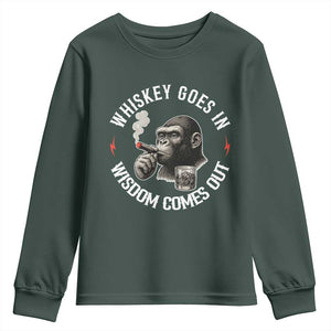 Funny Gorilla Whiskey Goes In Wisdom Comes Out Youth Sweatshirt Cigarette and Drinking Addict Humor TS02 Dark Forest Green Print Your Wear