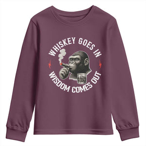 Funny Gorilla Whiskey Goes In Wisdom Comes Out Youth Sweatshirt Cigarette and Drinking Addict Humor TS02 Maroon Print Your Wear