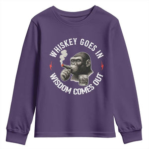 Funny Gorilla Whiskey Goes In Wisdom Comes Out Youth Sweatshirt Cigarette and Drinking Addict Humor TS02 Purple Print Your Wear
