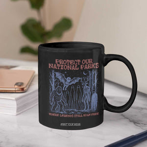 Protect Our National Parks Funny Cryptid Society Vintage Graphic Coffee Mug Bigfoot Mothman Wendigo Where Legends Still Roam Free