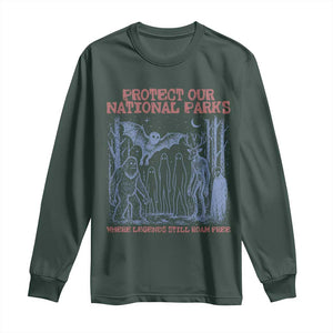 Protect Our National Parks Funny Cryptid Society Vintage Graphic Long Sleeve Shirt Bigfoot Mothman Wendigo Where Legends Still Roam Free