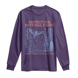 Protect Our National Parks Funny Cryptid Society Vintage Graphic Long Sleeve Shirt Bigfoot Mothman Wendigo Where Legends Still Roam Free