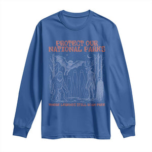 Protect Our National Parks Funny Cryptid Society Vintage Graphic Long Sleeve Shirt Bigfoot Mothman Wendigo Where Legends Still Roam Free