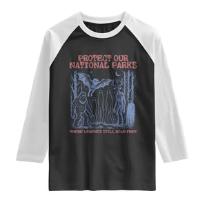 Protect Our National Parks Funny Cryptid Society Vintage Graphic Raglan Shirt Bigfoot Mothman Wendigo Where Legends Still Roam Free