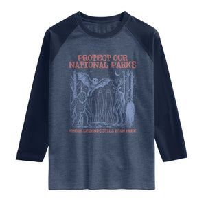 Protect Our National Parks Funny Cryptid Society Vintage Graphic Raglan Shirt Bigfoot Mothman Wendigo Where Legends Still Roam Free