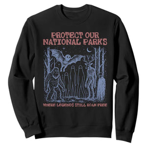 Protect Our National Parks Funny Cryptid Society Vintage Graphic Sweatshirt Bigfoot Mothman Wendigo Where Legends Still Roam Free