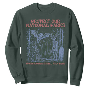 Protect Our National Parks Funny Cryptid Society Vintage Graphic Sweatshirt Bigfoot Mothman Wendigo Where Legends Still Roam Free