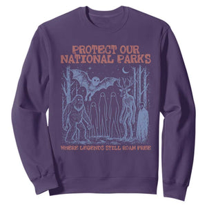 Protect Our National Parks Funny Cryptid Society Vintage Graphic Sweatshirt Bigfoot Mothman Wendigo Where Legends Still Roam Free