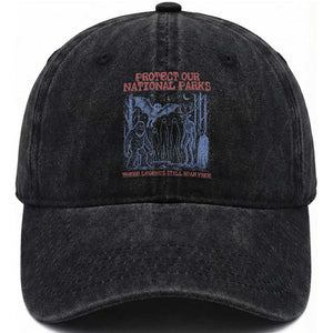 Protect Our National Parks Funny Cryptid Society Vintage Graphic Washed Cotton Baseball Cap Bigfoot Mothman Wendigo Where Legends Still Roam Free