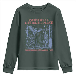 Protect Our National Parks Funny Cryptid Society Vintage Graphic Youth Sweatshirt Bigfoot Mothman Wendigo Where Legends Still Roam Free