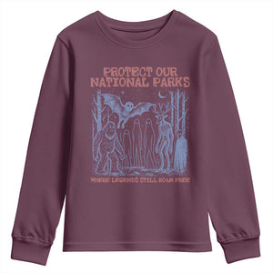 Protect Our National Parks Funny Cryptid Society Vintage Graphic Youth Sweatshirt Bigfoot Mothman Wendigo Where Legends Still Roam Free