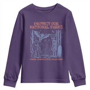 Protect Our National Parks Funny Cryptid Society Vintage Graphic Youth Sweatshirt Bigfoot Mothman Wendigo Where Legends Still Roam Free