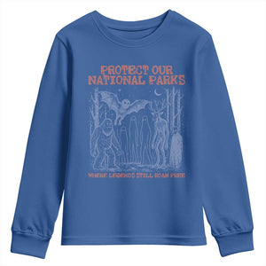 Protect Our National Parks Funny Cryptid Society Vintage Graphic Youth Sweatshirt Bigfoot Mothman Wendigo Where Legends Still Roam Free