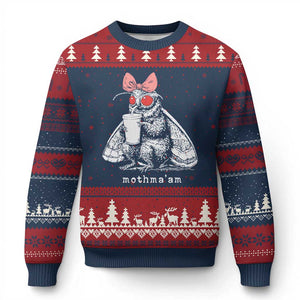 Mothma'am Pink Bow Cryptid Spooky Ugly Christmas Sweater Funny Cute Coquette Mothman Legend Graphic