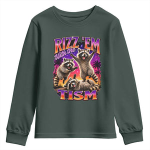 Rizz Em With The Tism Funny Raccoon Youth Sweatshirt Trash Panda Vintage Bootleg Graphic