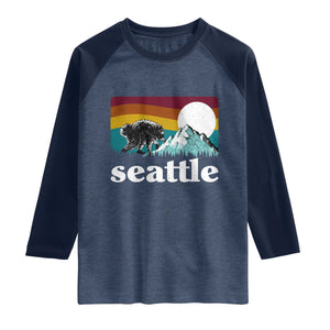 Seattle WA Mountains Jimothy the Raccoon Graphic Raglan Shirt Retro Vintage Sunset Viral Trash Panda Feral Legend