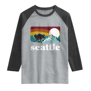 Seattle WA Mountains Jimothy the Raccoon Graphic Raglan Shirt Retro Vintage Sunset Viral Trash Panda Feral Legend