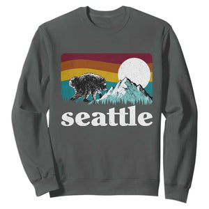 Seattle WA Mountains Jimothy the Raccoon Graphic Sweatshirt Retro Vintage Sunset Viral Trash Panda Feral Legend