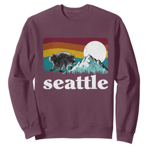 Seattle WA Mountains Jimothy the Raccoon Graphic Sweatshirt Retro Vintage Sunset Viral Trash Panda Feral Legend