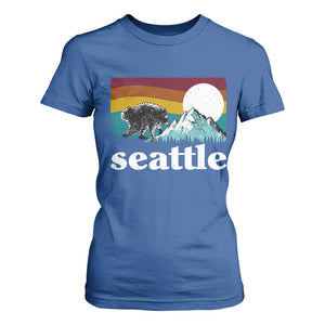 Seattle WA Mountains Jimothy the Raccoon Graphic T Shirt For Women Retro Vintage Sunset Viral Trash Panda Feral Legend