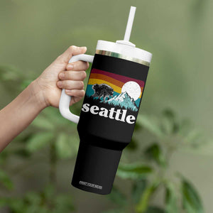 Seattle WA Mountains Jimothy the Raccoon Graphic Tumbler With Handle Retro Vintage Sunset Viral Trash Panda Feral Legend