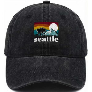 Seattle WA Mountains Jimothy the Raccoon Graphic Washed Cotton Baseball Cap Retro Vintage Sunset Viral Trash Panda Feral Legend