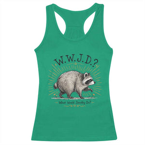 What Would Jimothy Do WWJD Funny Parody Racerback Tank Top Viral Seattle Raccoon Meme Feral Legend Humor